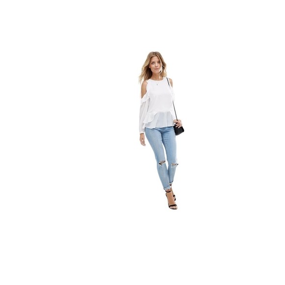 Asos White Ruffled Blouse‎ Cold Shoulder Tiered Long Sleeve Gold Buttons Size 10 - Picture 13 of 16